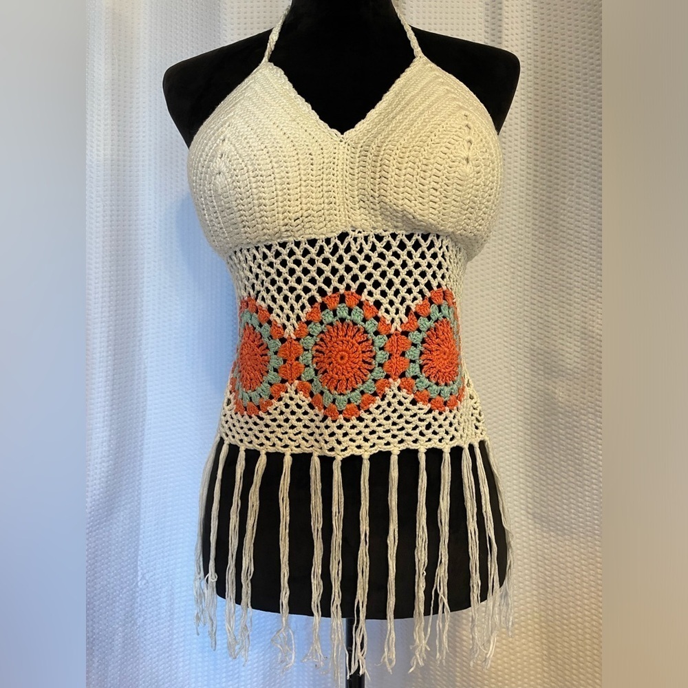 Say What Strapless Backless Crochet Fringe Hem Boho Crop Top Size Small